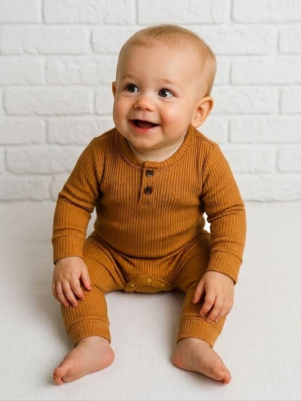 Ribbed Knit Baby Romper Mustard Camel Boho Neutral Long Sleeve Henley Jumpsuit